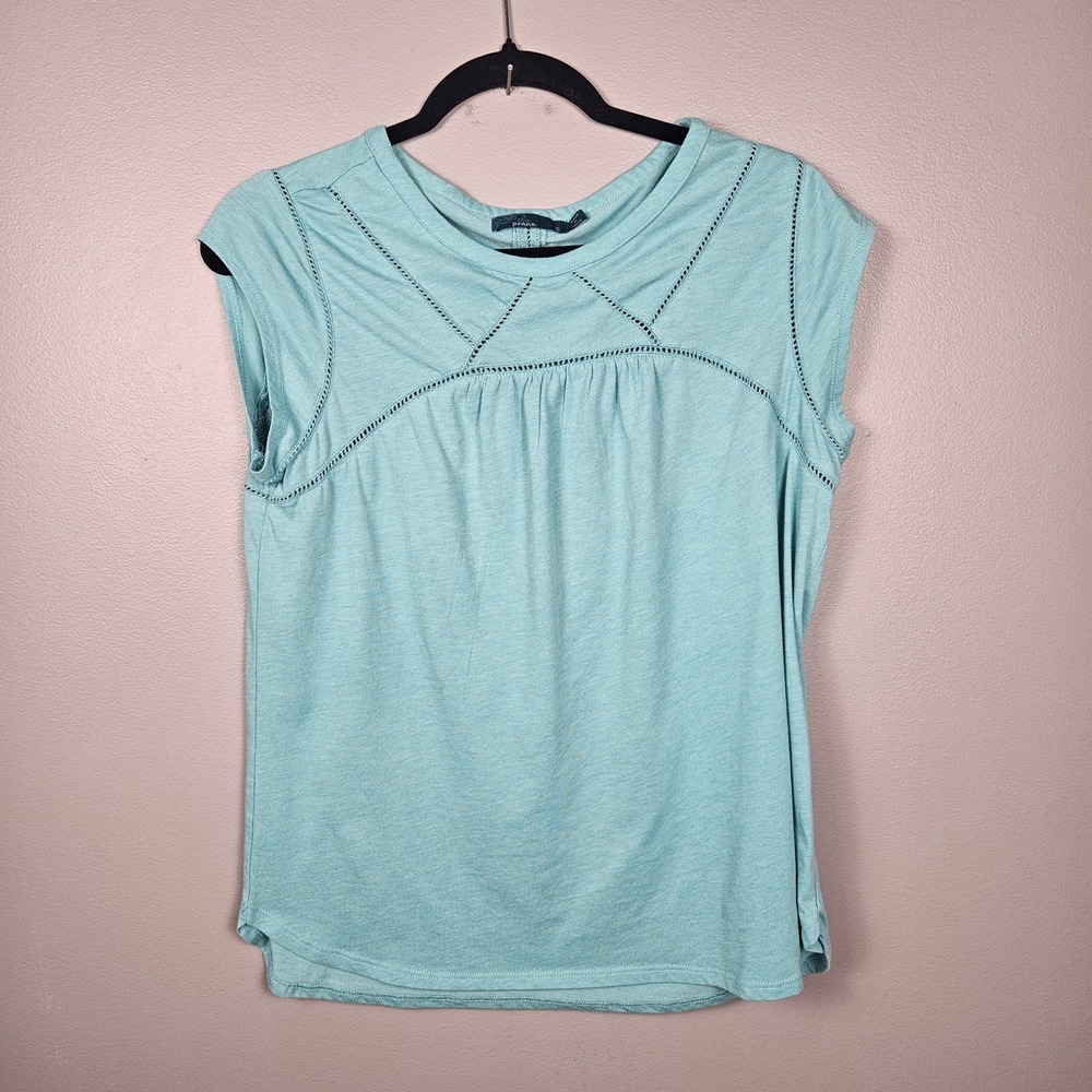 prAna Women's Small Cap Sleeve Blouse Crochet Ladder Trim Relaxed Boho Aqua Blue